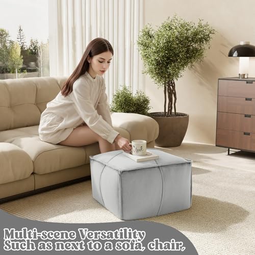 MeMoreCool Stuffed Round Pouf Ottoman Foot Rest, Floor Pouf Foot Stool with Soft Foam Chunk Filling, Small Round Ottoman Footstool Circle Footrest for Living Room - color: Piping Light Grey
