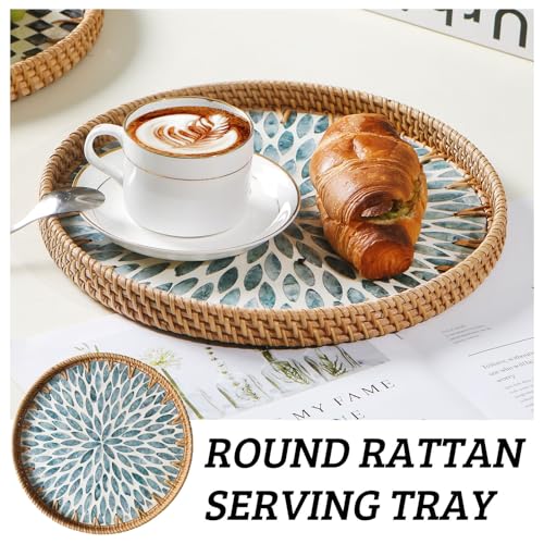 Round Rattan Tray with Mother of Pearl Inlay, Decorative Wicker Serving Tray with Wooden Base, Woven Basket Trays for Bread Fruits Coffee, Light Blue - color: Light Blue