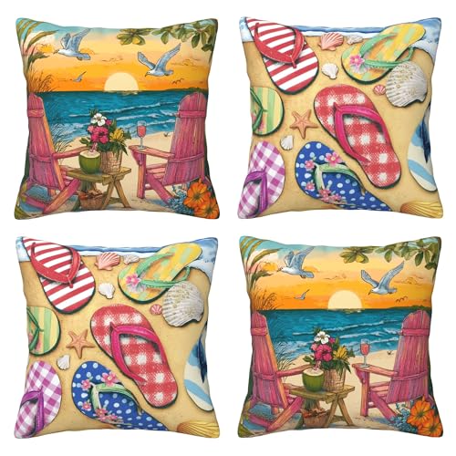 Summer Coastal Throw Pillow Covers 18 X 18 Inch Set of 4 Decorative Cushion Cover Home Decor for Sofa Chair Couch Bedroom Living Room - color: Summer Coastal