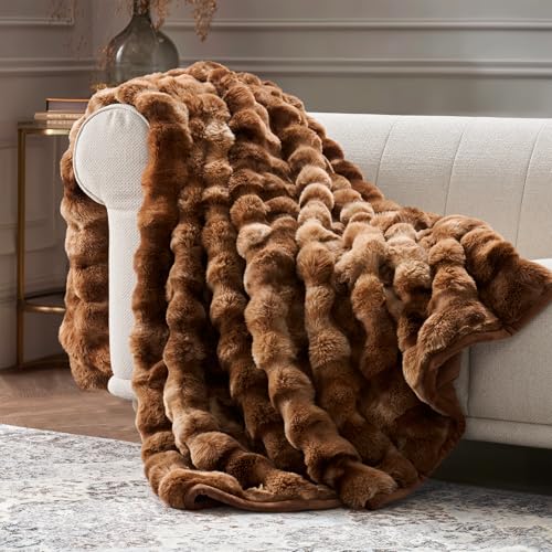 EverGrace Ultra Soft Luxury Fluffy Faux Rabbit Fur Throw Blanket, Thick Warm Bubble Throw for Bed, Cozy Plush Reversible Blankets for Couch, Chair, Sofa, Lion Caramel, 50x60 Inches - color: Marble Caramel Brown, size: 50"x60"