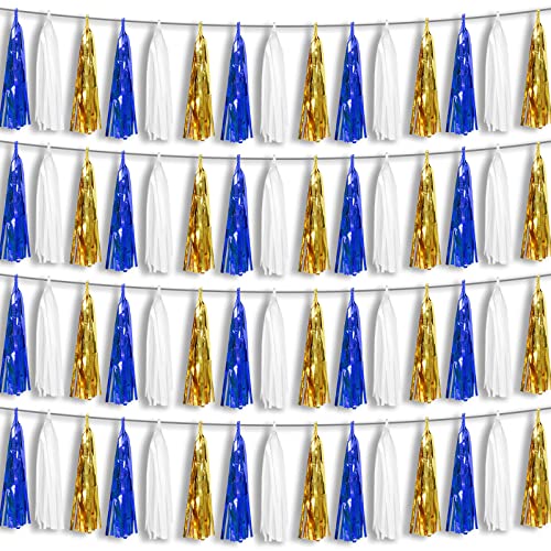 4P Navy-Blue White-Gold Foil Fringe Metallic Tassel-Garland, Tassels Banner Streamers for Parade Floats, Bachelorette, Wedding, Birthday, Halloween, Christmas, Bridal/Baby Shower Party Decorations - color: Blue White Gold