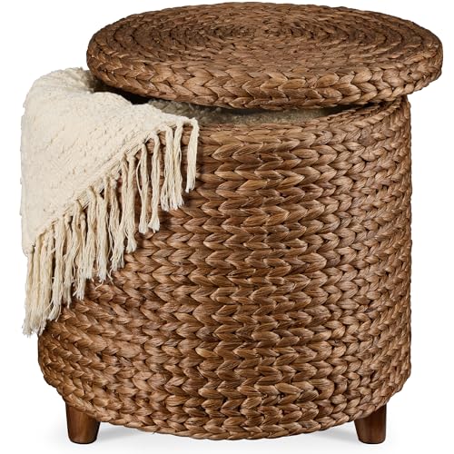 Best Choice Products 17" Round Storage Ottoman W/Lid, Handwoven Water Hyacinth Footstool, Footrest w/Wooden Legs, Accent Side Table, Storage Container, Plant Stand - Chestnut - color: Chestnut