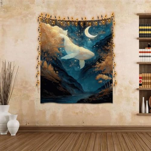 Celestial Whale under Moon Fantasy Ocean Tapestries Modern Boho Contemporary Wall Art Tapestry Wall Hanging Elegant Stunning Home Decor for Bedroom Living Room Apartment Office (YGST3989,50x60 inch)