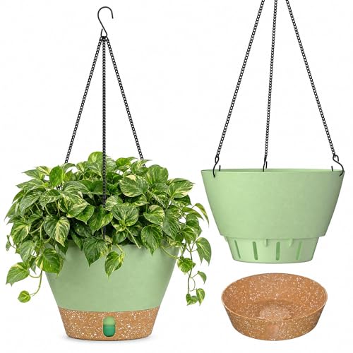 ZMTECH 2 Pack 10 Inch Hanging Baskets for Plants Outdoor Indoor, Modern Green Planters with Water Level Window & Metal Chain for Balcony Patio Garden Home Decor - color: Green, size: 10 Inch