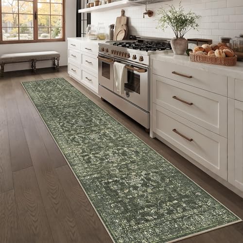 2.6x10 Green Runner Rug Hallway Washable Area Rugs Kitchen Vintage Boho Non Slip Long Rug Floral Carpet Indoor Retro Soft Low Pile Throw Rug for Bedroom Bathroom Laundry Dining Living Room Office - color: Dark Green, size: 2.6' x 10' (Runner)