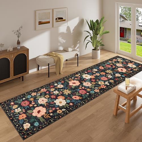 DUKINO Runner Rug for Hallway, 2.6x10 Washable Floral Long Kitchen Rug with Non Slip Backing, Boho Lightweight & Stain Resistant Soft Runners for Indoor Entrance, Laundry, Living Room, Bedroom, Black - color: Black, size: 2'6" x 10' (Rectangular)
