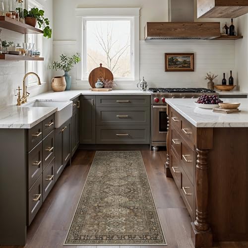 Bavni Washable Runner Rug 2x7, Non Slip Long Hallway Rug, Vintage Print Low Pile Ultra Thin Washable Carpet for Kitchen Bedroom, Brown - color: Brown, size: 2' x 7' (Rectangular)