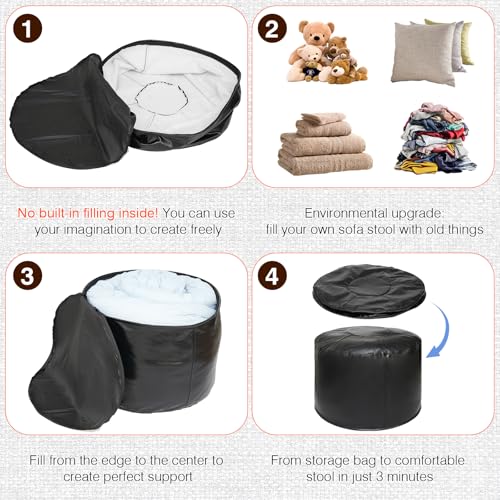 Unstuffed Ottoman Pouf Cover 20 X 15 Inch, Round Pu Leather Foot Stool, Floor Bean Bag(No Filler), Foot Rest with Storage for Living Room/Bedroom/Office, Black - color: Black