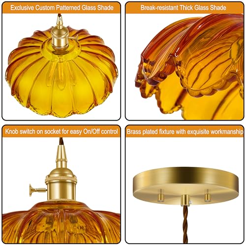 Hardwired Pendant Light Fixture, Hanging Light Fixture, Glass Shade Pendant Light with Rotary Switch, Modern Lamp for Kitchen Island, Bedroom, Dining Room, Living Room (Orange, 6 Ft Cord) - color: Orange, size: 6 ft