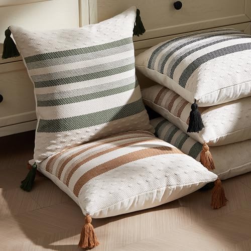 Boho Throw Pillow Covers with Tassels Woven Set of 2, 18x18 Inch Striped Textured Couch Throw Pillows for Couch Bed Sofa Bedroom Modern Funky (Light Brown, 18"x18"(Pack of 2)) - color: Light Brown