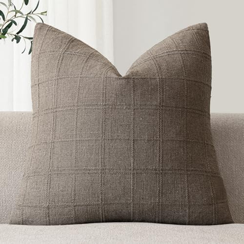 Foindtower Set of 1 Decorative Linen Check Throw Pillow Cover Neutral Farmhouse Vintage Cushion Cover Modern Boho Home Decor for Sofa Chair Couch Bedroom Living Room,16×16 Inch,Taupe Grey - color: Taupe Grey, size: 16" x 16" (Pack of 1)