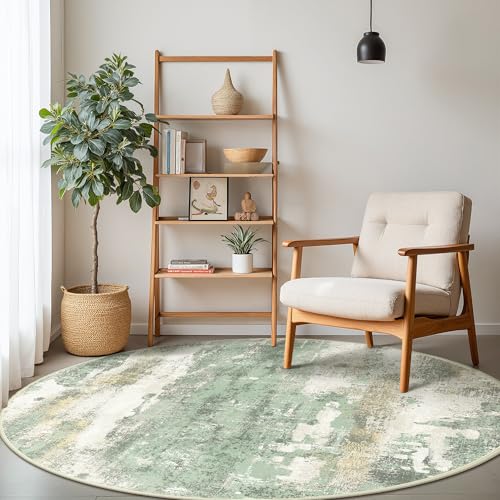 BEIMO Round Rugs 4FT for Living Room Bedroom, Modern Abstract Machine Washable Circle Rug, Soft Low Pile Floor Cover with Non Slip Backing for Dining Room, Light Green - color: Light Green/Cream, size: 4' (Round)