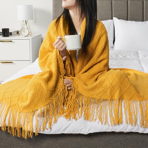 PAVILIA Mustard Yellow Knit Throw Blanket for Couch, Twin Bed, Soft Knitted Farmhouse Sofa Throw for Living Room, Lightweight Decorative Fall Blanket for Chair, Outdoor Textured Boho Blanket, 60x80 - color: Mustard Yellow, size: 60 X 80 Inches - Twin
