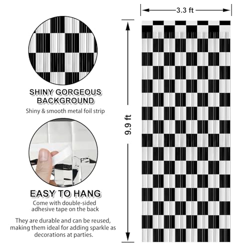 Crosize 2 Pack 3.3 x 9.9 ft Race Car Party Decorations Fringe Curtains, Black & White Tinsel Curtain Backdrop for Parties, Door Streamers, Glitter Streamer Backdrop for Birthday Decoration - color: Black & White, size: 2 Pack