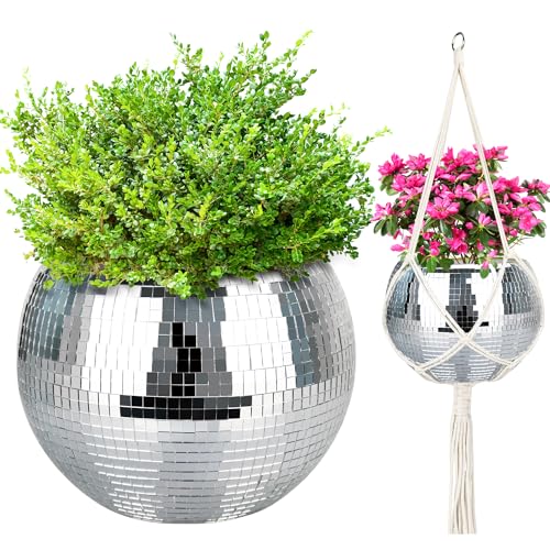 Disco Ball Planter, 1pcs 10” Silver Disco Ball Planter, Disco Ball Plant Hanger with Hanging Rope, Hanging Chain, Hook, Circle and Extra Mirror Pieces - color: 1×10" Silver
