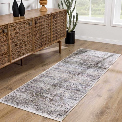 Hauteloom Wentworth Hallway, Kitchen Machine Washable Runner Rug - Floral Distressed Border Medallion Faded - Traditional Oriental Transitional Vintage - Olive, Green, Cream, Gray, Beige - 2'7" x 7'3" - color: Olive, Green, Cream / Holli, size: 2'7" x 7'3