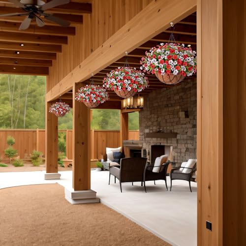 Artificial Silk Flowers Hanging Baskets Outdoors Indoors,Daisy with Eucalyptus Leaves Arrangement for Garden Yard Spring Summer Decor,Faux Green Plant in Metal Coconut Lining Flowerpot(Red and White) - color: Red and White