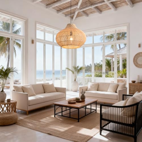 Boho Rattan Pendant Light, 13.8" Handwoven Wicker Hanging Light Fixture with Adjustable Cord, Natural Bamboo Chandelier Ceiling Lamp for Kitchen Island, Dining Room, Bedroom, Living Room, E26 Base - color: D3032