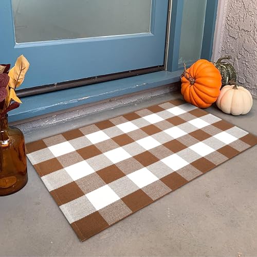 Ckorzen Coffee and White Plaid Rug,28" x 43" Outdoor Front Porch Door Decor Mat, Washable Cotton Woven Farmhouse Area Rug for Layered Door Mats Carpet, Entryway, Easter Décor - color: Coffee & White, size: 2'4" x 3'7" (Rectangular)