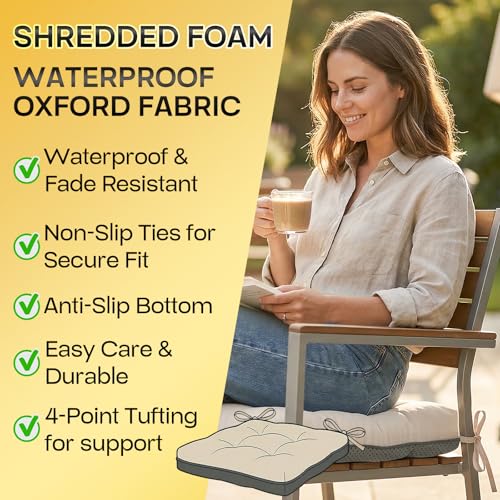 4 Pack 19x19 Inch Shredded Foam Chair Cushions with Straps - All-Season Seat Pads for Indoor/Outdoor Dining, Office, Patio, Kitchen Chairs (RED, 19 INCH × 19 INCH) - color: Red
