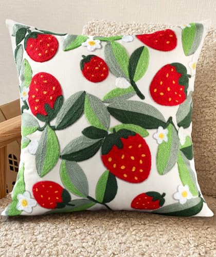 Embroidered Throw Pillow Cover - 18x18 Decorative Pillow Cover with Zipper Aesthetic Cute Design Boho Spring Summer Throw Pillowcase for Living Room Couch Sofa Bed, Leaf Strawberry - color: Leaf Strawberry, size: 18" x 18" (Pack of 1)