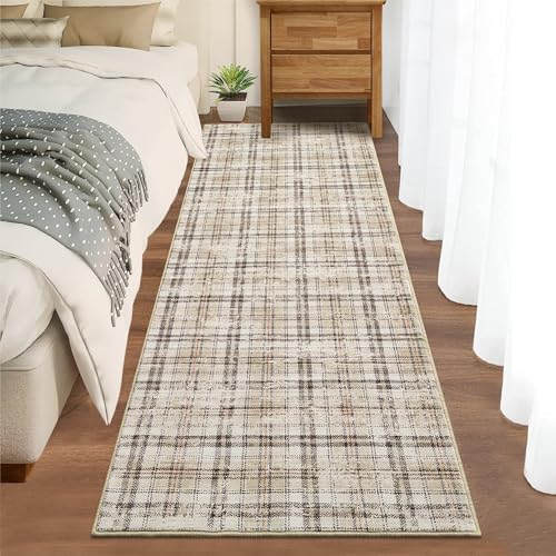Garvee Tartan Plaid Washable Rugs for Entryway 2x10 Runner Rug Non Slip Kitchen Rugs Indoor Modern Soft Bath Mat Low Pile Stain Resistant Carpet for Bedroom Hallway Laundry Living Room 2'x10' Beige - color: Plaid|beige, size: 2' x 10' (Runner)
