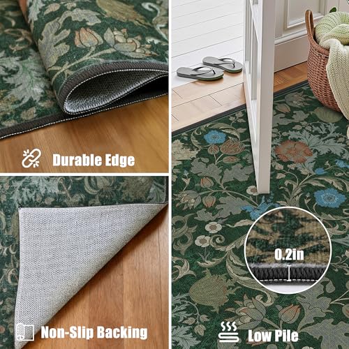 Forest Green Machine Washable Floral Runner Rug 2x6, Vintage Farmhouse Botanical Runner Rug, Non Slip Low Pile Thin Floor Rug for Hallway Kitchen Laundry Bedroom Bedside Indoor Entryway - color: Green, size: 2'x6'
