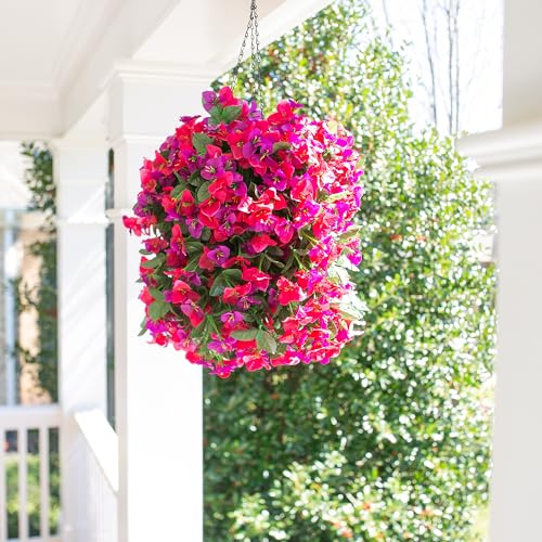 Faux Bougainvillea Artificial Flowers Plants for Outdoors Outside Decoration, 2pcs Fake Flowers Silk Long Trailing Vines UV Resistant Realistic for Front Door Porch Planter Urn Patio Balcony Yard, Mix - color: Purple Hot-pink