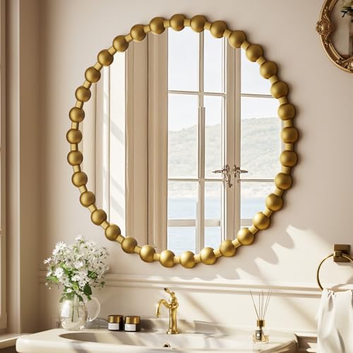 Easly Round Mirror for Wall, 28 Inch Gold Beaded Frame Decorative Vanity Mirror, Circle Bathroom Mirror with High-Definition Lense, Modern Wall Decor for Bathroom, Living Room, Bedroom, Entryway - color: Gold, size: 28"L x 28"W