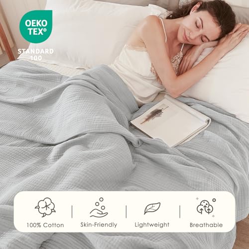 EMME Cotton Muslin Throw Blanket for Couch Breathable Gauze Soft Lightweight Blankets for Adults (Light Grey, 50"x60") - color: 08 - Light Grey, size: Throw (50" x 60")