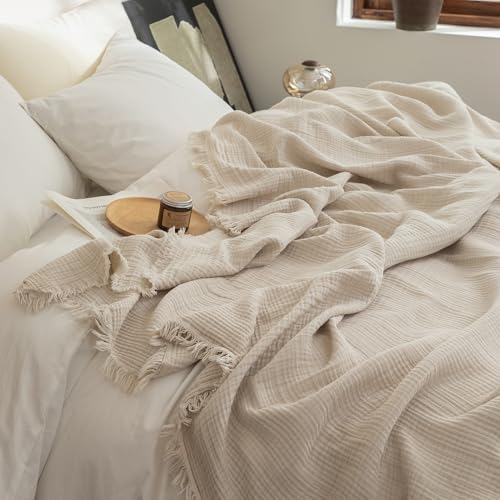 FOSSA Muslin Blanket with Fringe - 4-Layer 100% Cotton Gauze Super Soft & Breathable Throw -Lightweight Decorative Cooling Blanket for Bed, Sofa, Office -Super King Size 108" × 98" (Beige) - color: Beige, size: Super King (108" × 98")