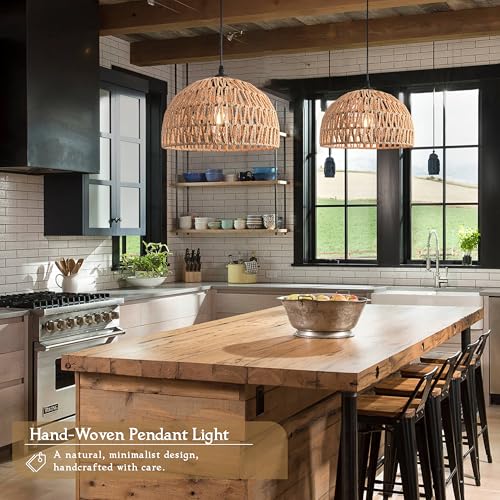 Brown Rattan Light Fixture 15ft Plug In Pendant Light Woven Pendant Light Boho Chandelier Wicker Pendant Light Boho Pendant Light Plug In for Dining Room Kitchen Island Bedroom(Bulb Incl.) - color: 12.2" Natural Plug In