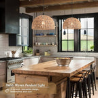 Brown Rattan Light Fixture 15ft Plug In Pendant Light Woven Pendant Light Boho Chandelier Wicker Pendant Light Boho Pendant Light Plug In for Dining Room Kitchen Island Bedroom(Bulb Incl.) - color: 12.2" Natural Plug In