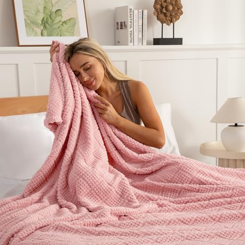 Whale Flotilla Fuzzy Fleece Queen Size Blanket for Bed, Soft Fluffy Jacquard Waffle Blankets for All Season, Lightweight and Cozy, 90x90 Inch, Pink - color: Pink, size: Queen(90x90 Inch)
