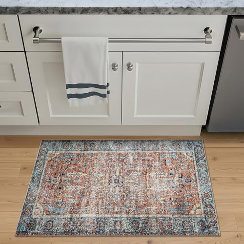 Bloom Rugs Washable Non-Slip 2' x 3' Rug - Orange/Blue Traditional Oriental Area Rug for Living Room, Bedroom, Dining Room, and Kitchen - Exact Size: 2' x 3' - color: Orange / Blue, size: 2' x 3' (Rectangular)