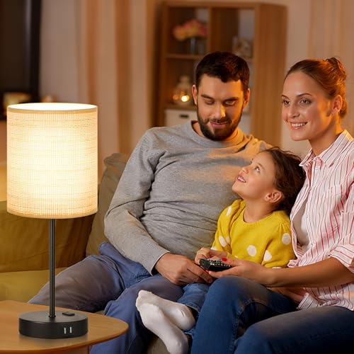 Lynnoland Set of 2 Touch Control Table Lamps, 3-Way Dimmable Bedside Nightstand Lamps for Bedroom Living Room Nursery, 800 Lumens 3000K Warmlight Bulbs Included - color: （2 Pack) Rattan & Black(Base)-3000K Bulbs Included