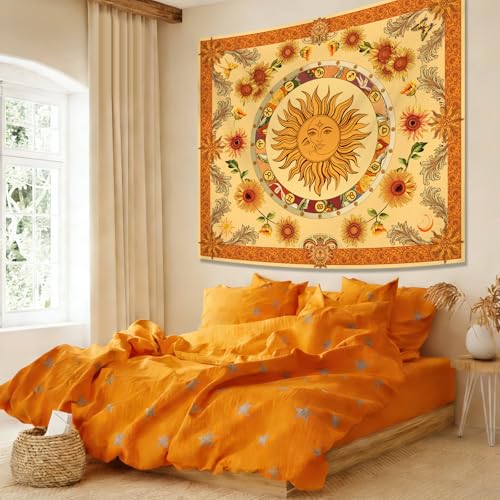 Sun and Moon Boho Orange Tapestry for Bedroom, Bohemian Vintage Floral Funny Wall Tapestries Aesthetic with Twelve Constellations for Living Room, Indian Yellow Sunflower Pagan Wall Hanging Decor for Teen Dorm Office 60" × 51" - color: Sun Boho Tapestry,