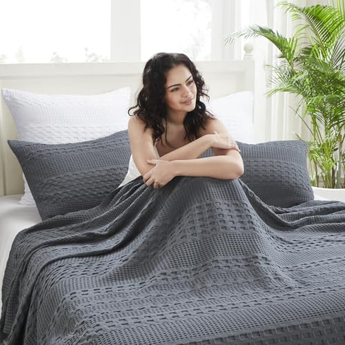 VHC Brands 100% Cotton Waffle Weave Queen Blanket 90"x90", Decorative Lightweight Spring and Summer Throw Blanket, Bedroom Decor for Bed, Couch, or Sofa, Dark Grey - color: Dark Gray, size: Queen (90"x90")