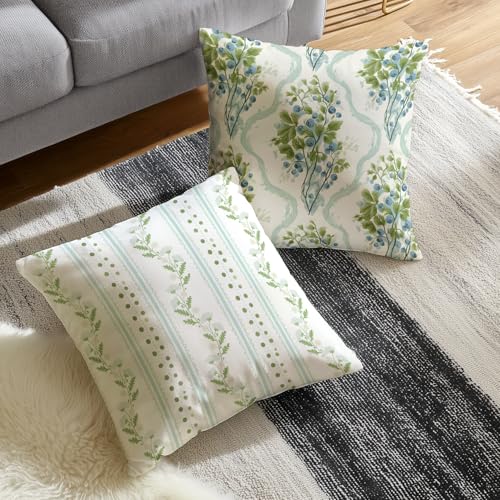 Boho Green and White Throw Pillow Covers 18x18 Inch, Set of 2 Vintage Floral Double -Sided Printed Pillowcase, Farmhouse Couch Decor for Sofa Bedroom Living Room