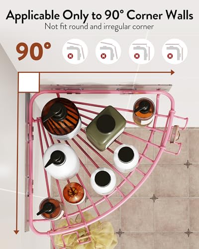 Orimade Corner Shower Caddy with 2 Hooks Wall Mounted Metal Bathroom Shelf Storage Organizer Adhesive No Drilling 2 Pack, Pink Only for 90-Degree Corner - color: Pink