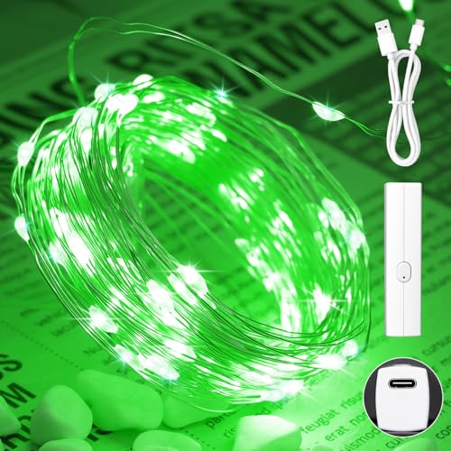 Lakumu 16FT(5M) Green Copper Wire Fairy Lights, Rechargeable Battery Operated String Lights with Timer & 8 Modes, Waterproof Twinkle Lights for St. Patrick's Day Bedroom Christmas Party Wedding Decor - color: Green, size: 16FT