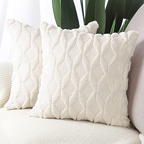 MADIZZ Set of 2 Soft Polyester Short Wool Velvet Decorative Throw Pillow Covers 24x24 inch Beige Square Luxury Style Cushion Cases European Pillow Shell for Sofa Bedroom - color: Cream Beige, size: 24" x 24" (Pack of 2)