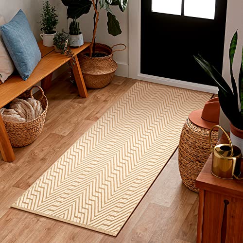 Ramanta Home Jute Cotton Geometric Area Runner Natural White 24x72 Inches, Farmhouse Reversible Boho Handwoven Runners for Hallway, Bedroom, Living Room | Nursey Neutral Floor Throw Carpet for Patio - color: Natural/White, size: 2' x 6' (Rectangular)