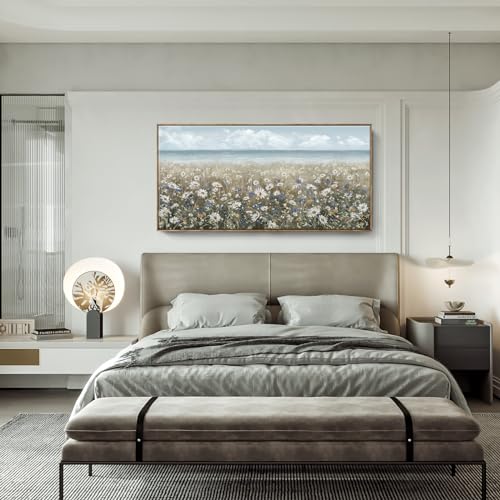 amatop Oversized Wall Art for Living Room Extra Large Farmhouse Boho Framed Beach Coastal Vintage Ocean Floral Canvas Print Daisy Flowers Sea Wall Picture Neutral Nautical Artwork Bedroom Office Decor - color: Coastal Flower Sea Art, size: 58"L x 29"W