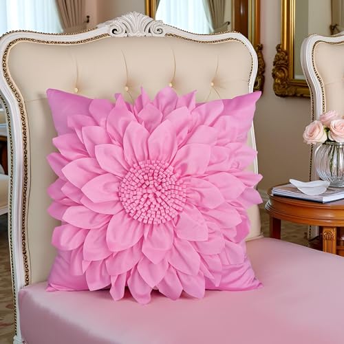 Bella's Giftshop Pink Decorative Throw Pillow Covers 18x18 Inch for Bed Sofa Couch, Handmade 3D Accent Sunflower Floral Pillowcase, Living Room Decor - color: Pink