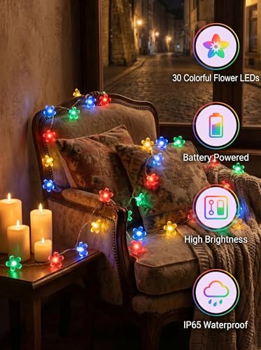 Flower Battery Operated Indoor String Lights 30LED Cherry Blossom Fairy String Lights Waterproof Outdoor for Garden Fence Party Camping Birthday Wedding Room Home Decoration Multicolor - color: Multicolor