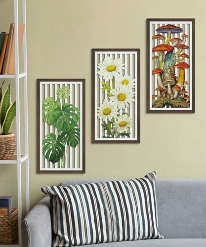 Putuo Decor Botanical Wall Art Set of 3, Nature-Inspired Wooden Panels Featuring Daisies, Mushrooms, and Monstera Leaves for Living Room Bedroom Office, Boho Rustic Decor - color: Botanical, Rustic, Floral
