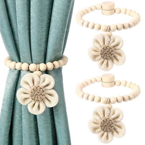2 Pcs Beaded Sunflower Magnetic Curtain Tiebacks Boho Wooden Curtain Tie Backs for Farmhouse Curtains Holders for Bedroom Decor Baby Nursery Decor for Home Office(Linen,Classic Style) - style: Classic Style