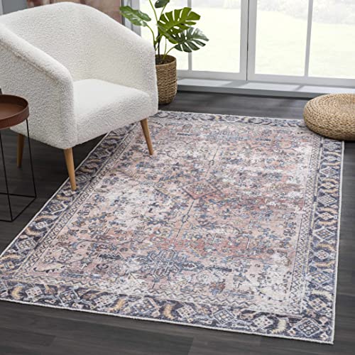 Hauteloom Wentworth Collection Urmia - Machine Washable Oriental Living Room Kitchen Bedroom Dining Room Area Rug - Abstract Vintage Distressed Boho Style - Pink, Blue, Burgundy - 7'10"x10'3" - color: Peach, Burgundy, Yellow / Holli, size: 7'10" x 10'3" (