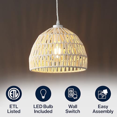 JONATHAN Y 10.25" Cream Modern Bohemian Woven Rope LED Pendant Light Fixture, Adjustable Dome Ceiling Lamp for Kitchen Island, Rope Shade, Coastal Farmhouse Decor (JYL6513C) - color: Cream, size: 10.25"